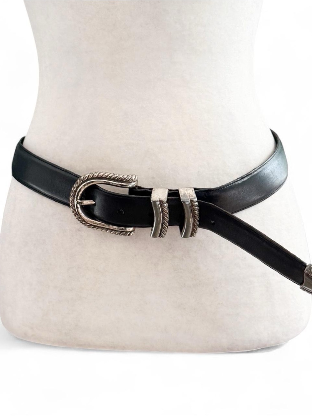 Vintage Brighton Black Leather Belt • Silver Rope Buckle • Size L